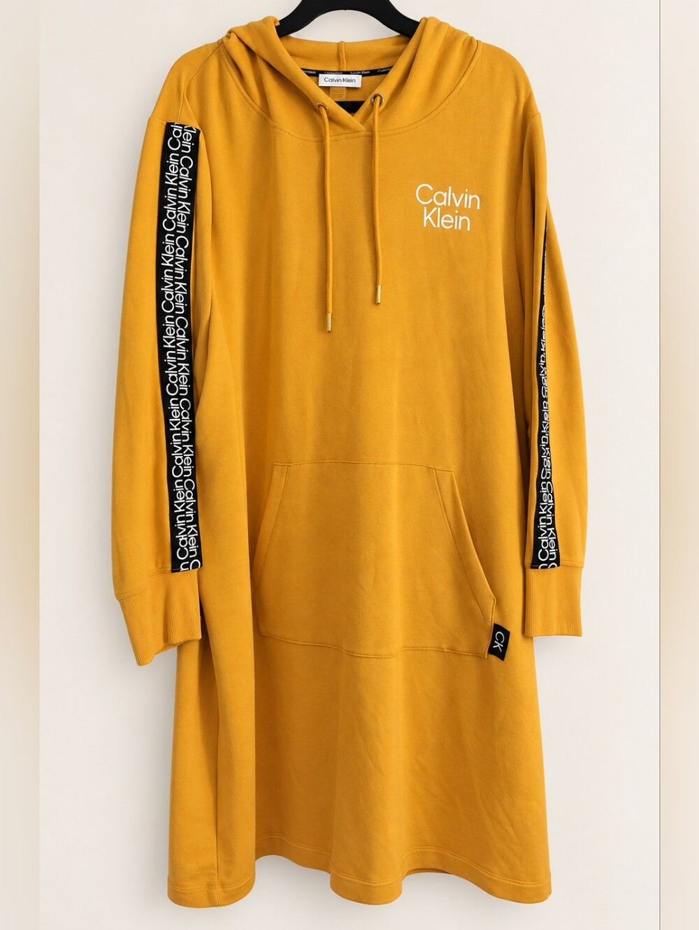 Calvin Klein Women’s 2X Hoodie Sweatshirt Dress Mustard Logo Tape Plus Size